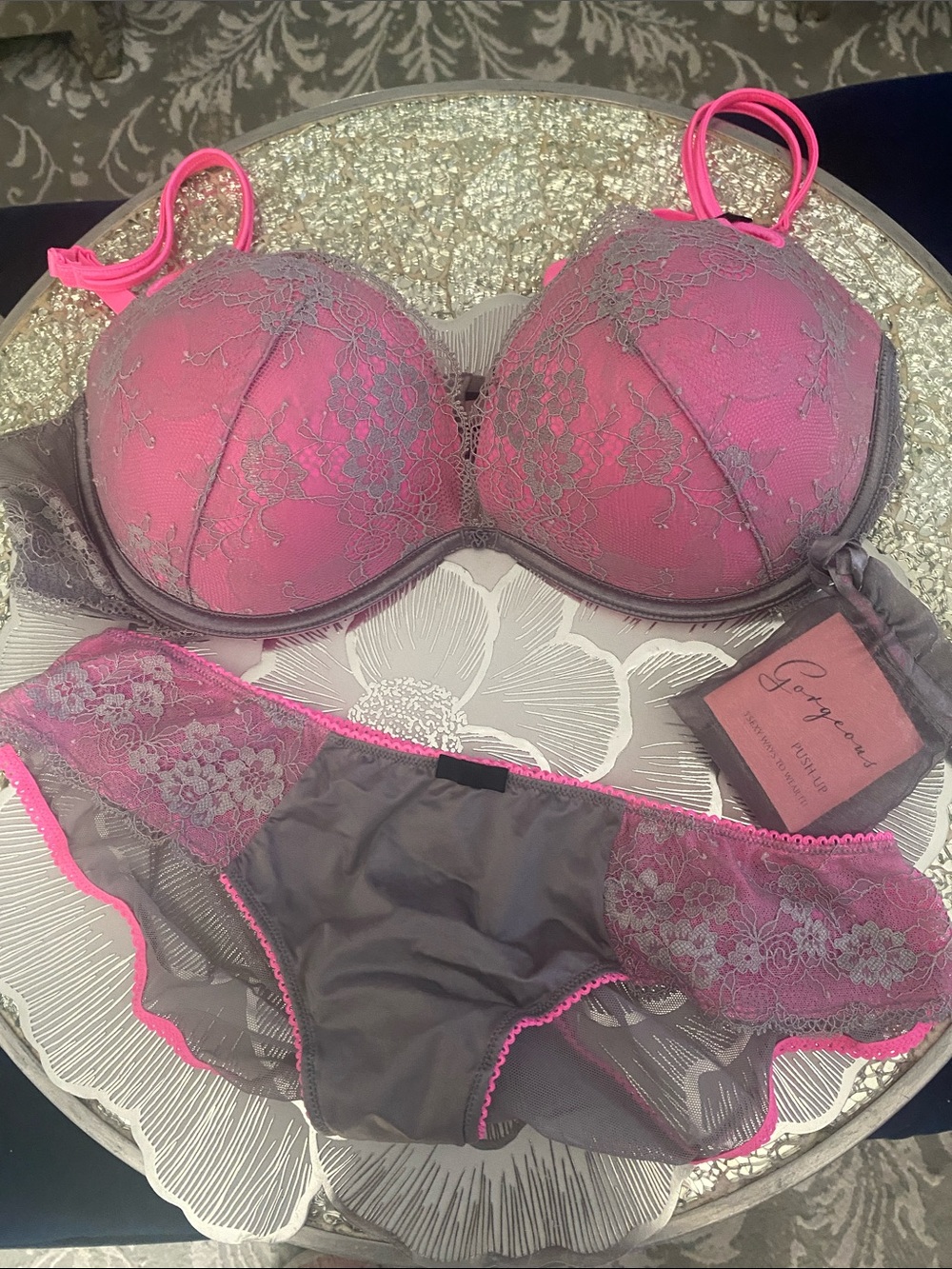Victoria Secret Pink and Gray Lace Push-Up Convertible Bra Set NW/OT 38C